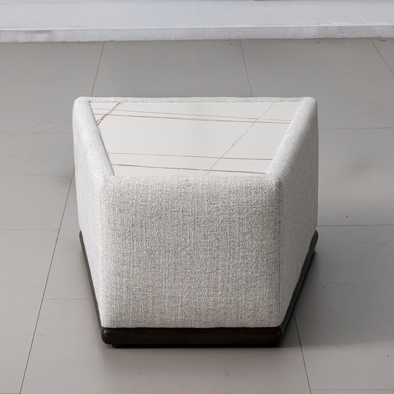 Modern mixed weave fabric sintered stone modular sofa side table bento with context.