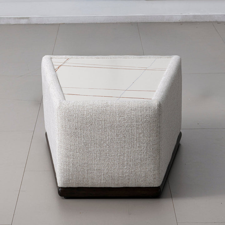 Modern mixed weave fabric sintered stone modular sofa side table bento with context.