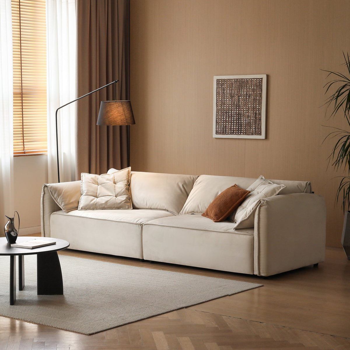 Modern suede fabric sectional 3 seater sofa looma primary product view.