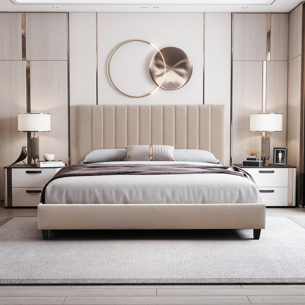 Modern velvet fabric bed frame reno in real life style.