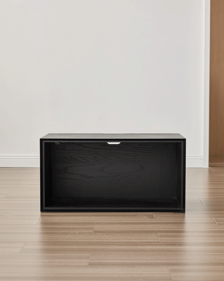 Minimalist ash wood veneer modular cabinet shadow color swatches.