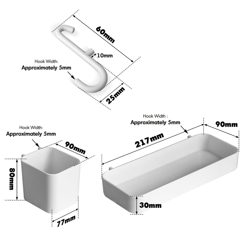Pegboard Hooks Racks Storage Boxes Accessories Set HOOKUP Size Chart