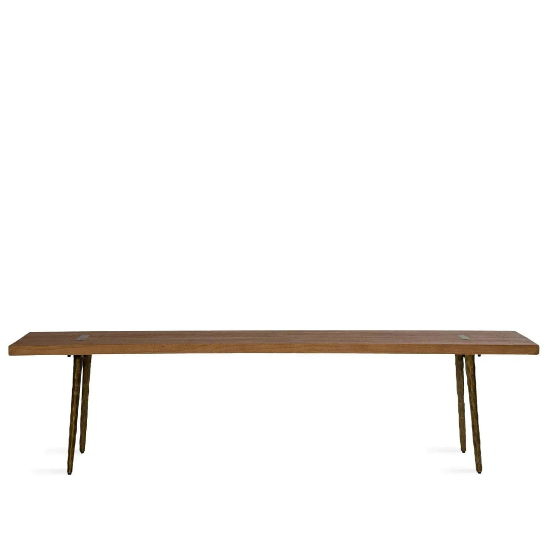 Rustic elm wood dining bench splendor in white background.