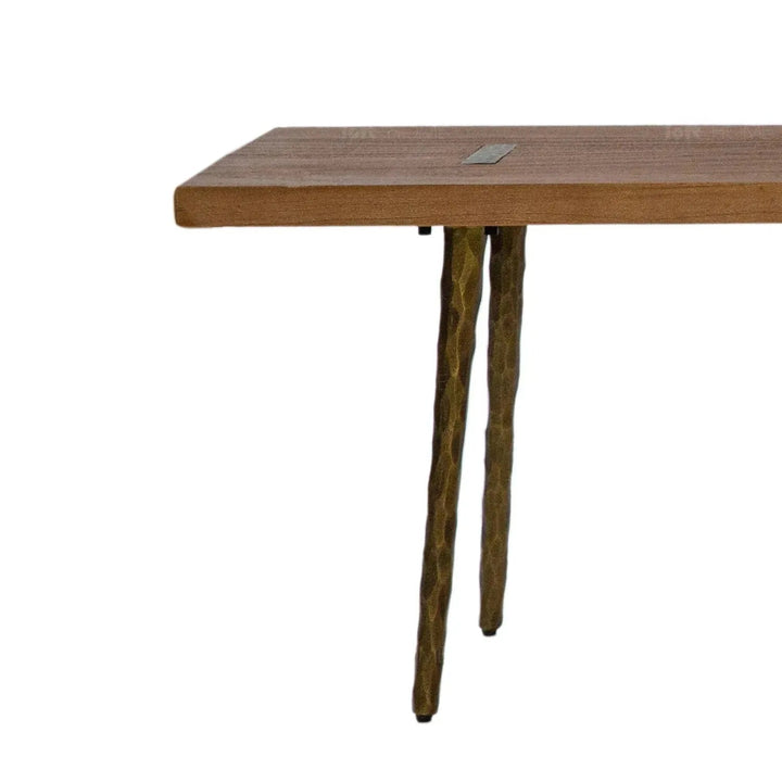 Rustic elm wood dining bench splendor in close up details.