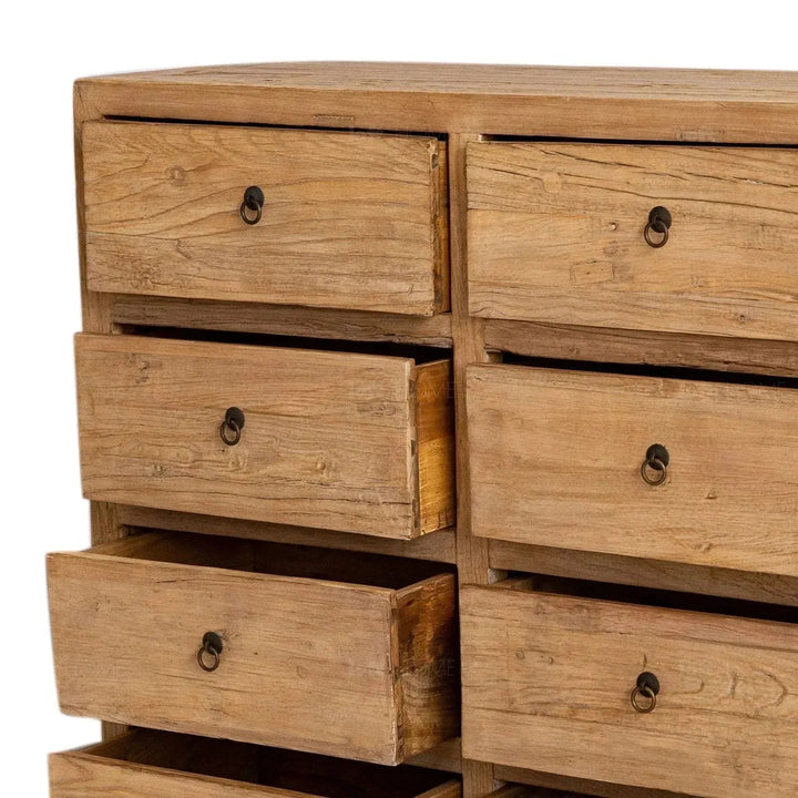 Rustic elm wood drawer cabinet secrets in close up details.