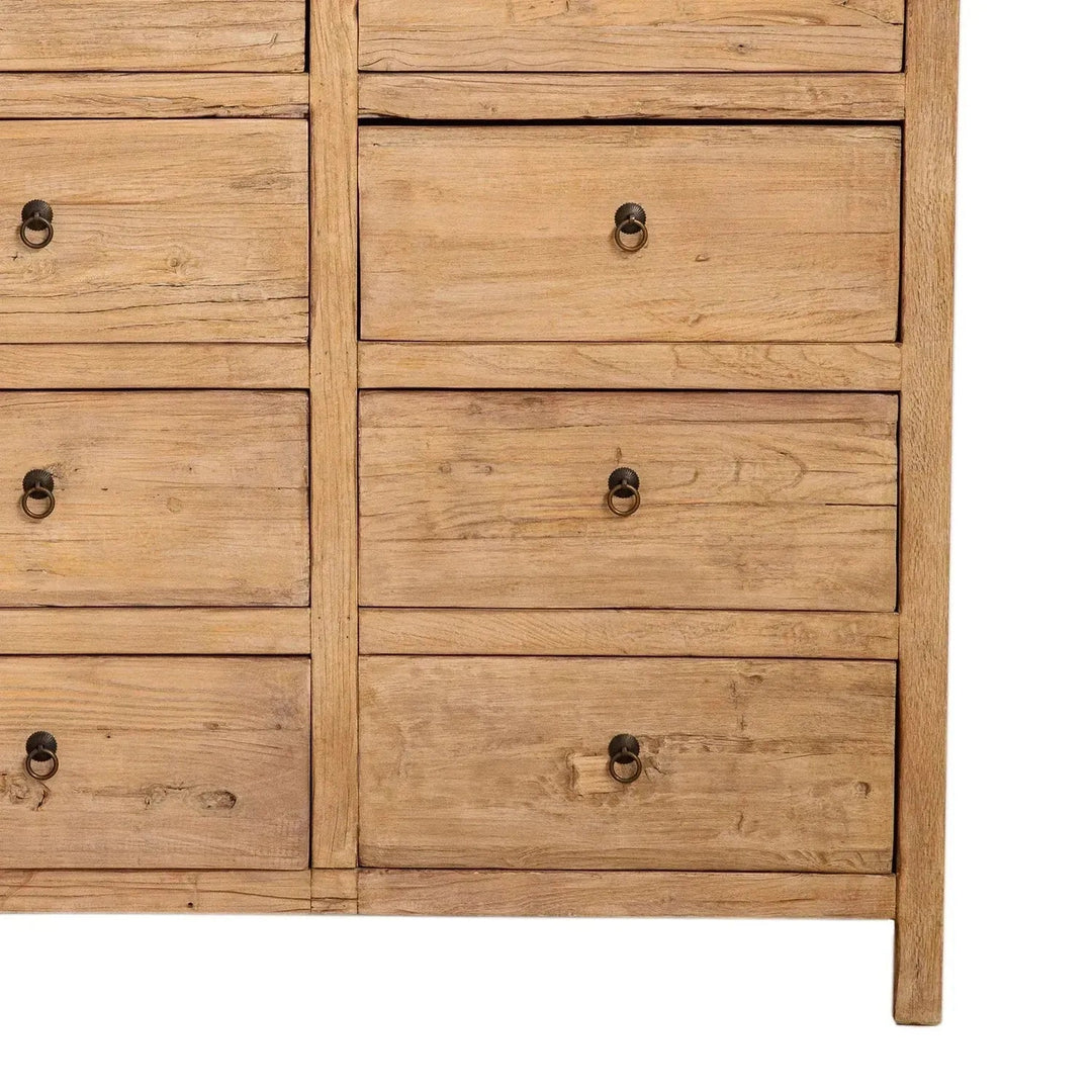 Rustic elm wood drawer cabinet secrets in panoramic view.