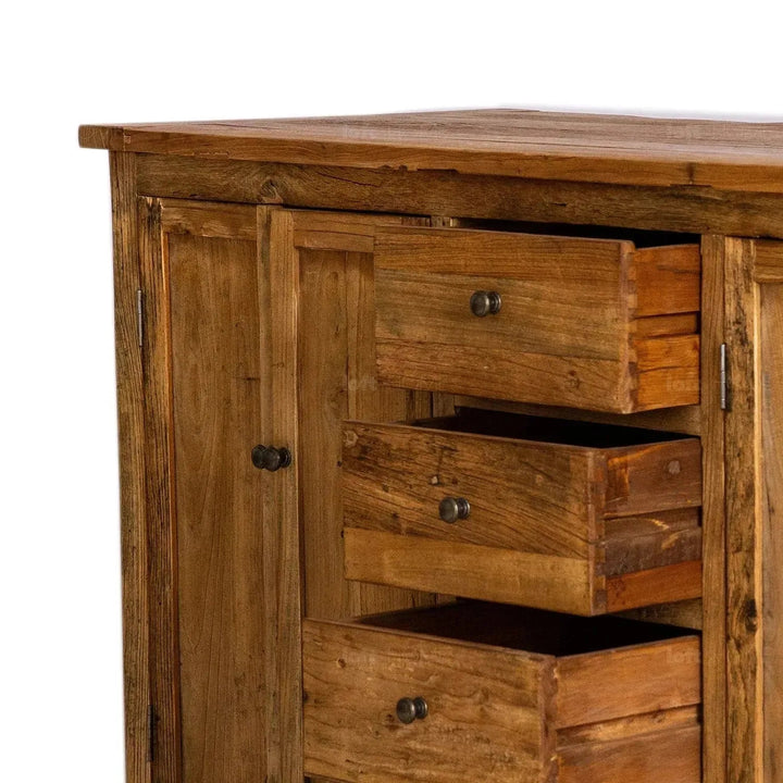 Rustic elm wood storage cabinet tranquility in close up details.