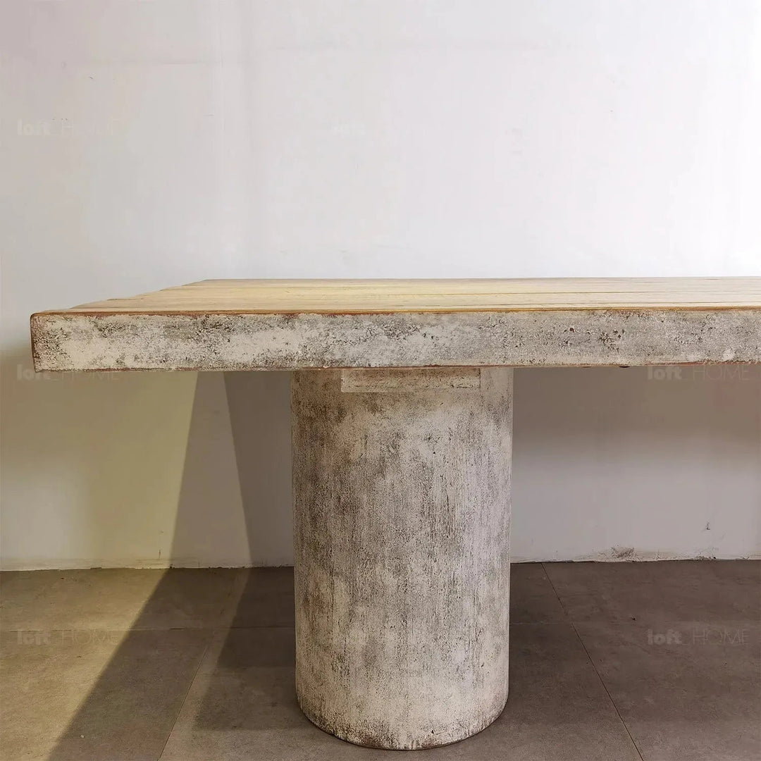 Rustic pine wood dining table barn in panoramic view.