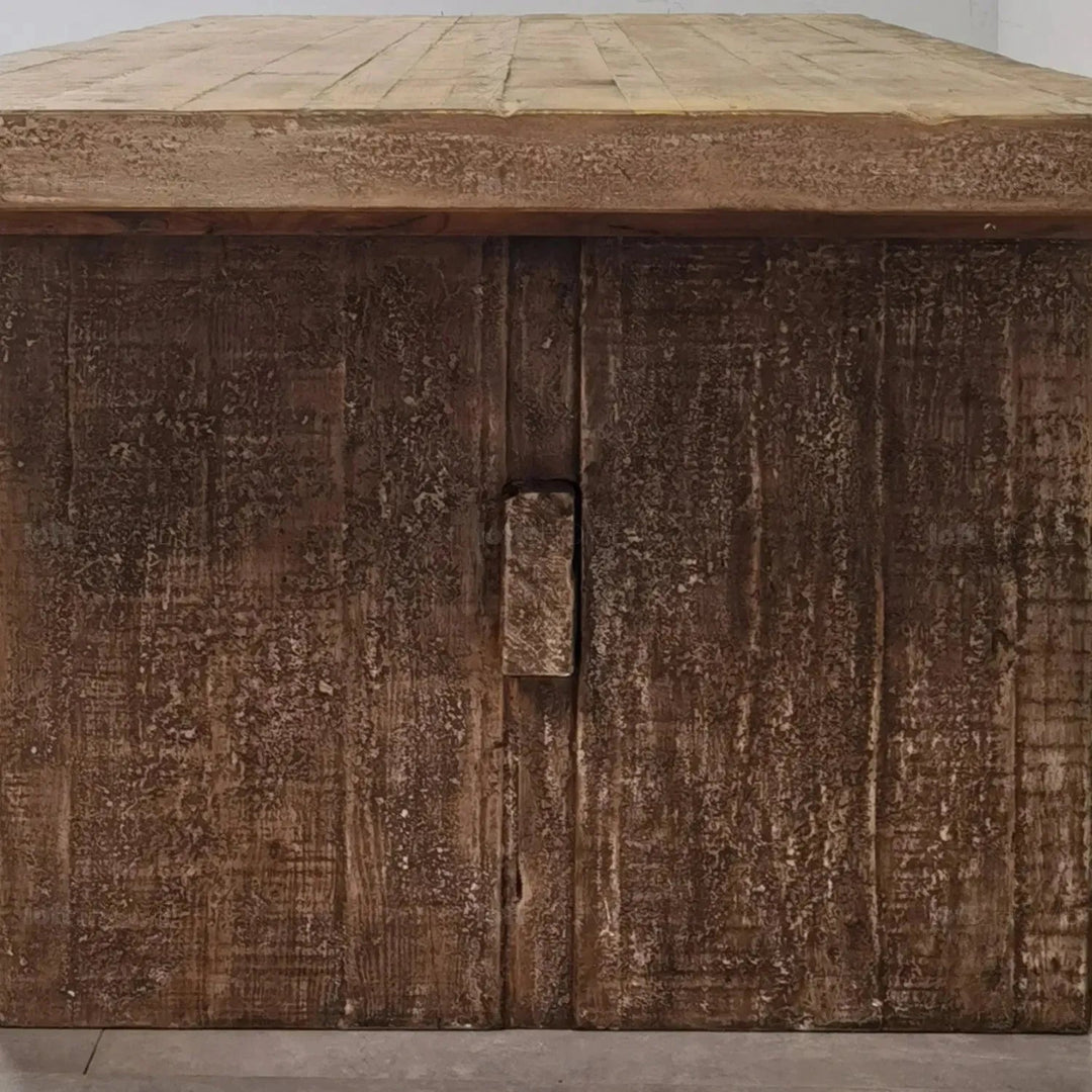 Rustic pine wood dining table dock in close up details.