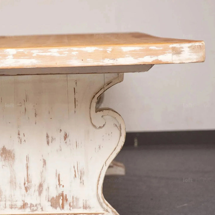 Rustic pine wood dining table pastoral in close up details.