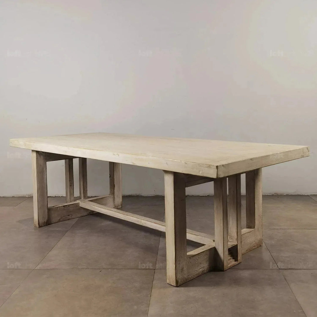 Rustic pine wood dining table pixie in close up details.