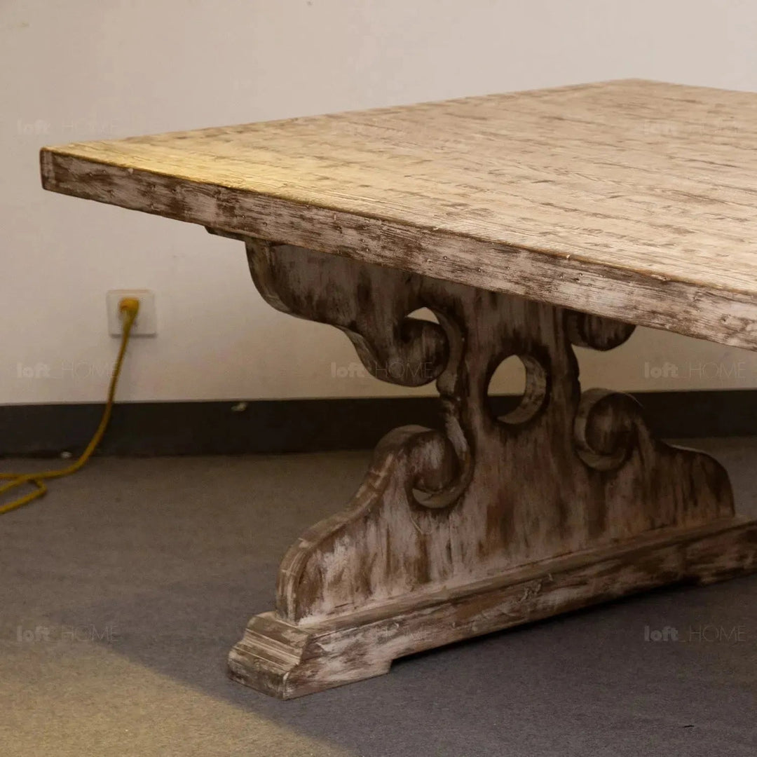 Rustic pine wood dining table sherlock in close up details.