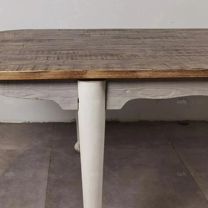 Rustic pine wood dining table shore in panoramic view.