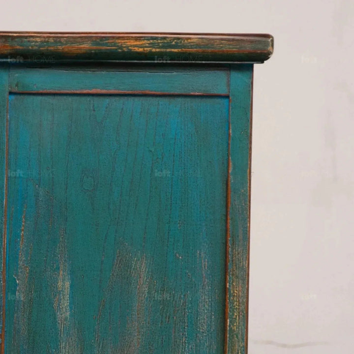 Rustic pine wood storage cabinet heirloom in panoramic view.