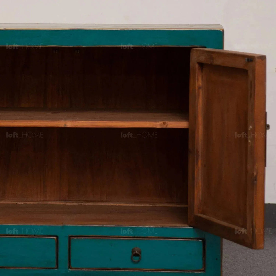Rustic pine wood storage cabinet heirloom in close up details.