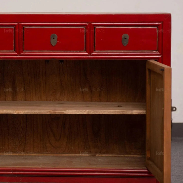 Rustic pine wood storage cabinet legacy in close up details.