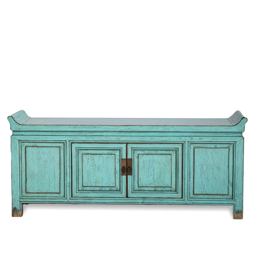 Rustic pine wood tv console whispers in white background.