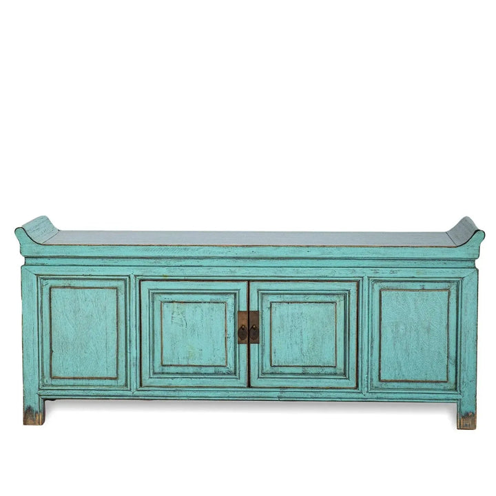 Rustic pine wood tv console whispers in white background.