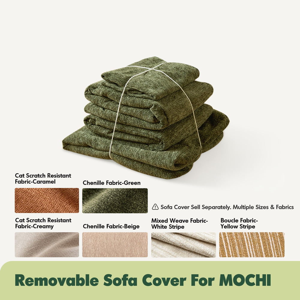 A stack of olive green removable sofa covers tied with a string, shown above fabric swatch options labeled Cat Scratch Resistant Fabric-Caramel, Chenille Fabric-Green, Cat Scratch Resistant Fabric-Creamy, Chenille Fabric-Beige, Mixed Weave Fabric-White/White, and Boucle Fabric-Yellow Stripe. Text at the bottom reads 'Removable Sofa Cover For MOCHI'.
