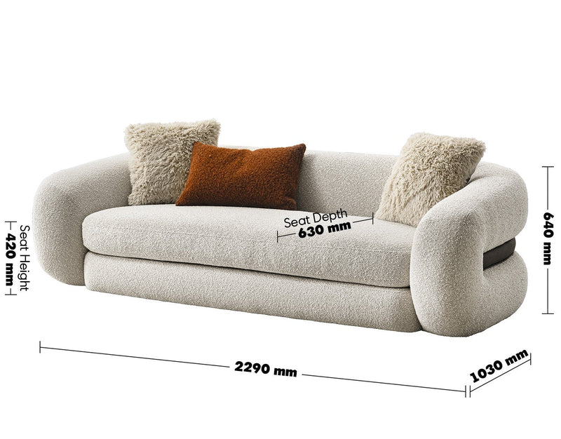 Cream Boucle Fabric 3 Seater Sofa CURLY Size Chart