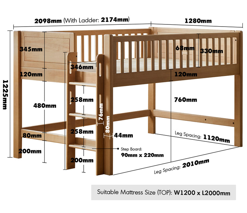 Scandinavian Beech Wood Kids Bunk Bed With Trundle CUBBLE Size Chart