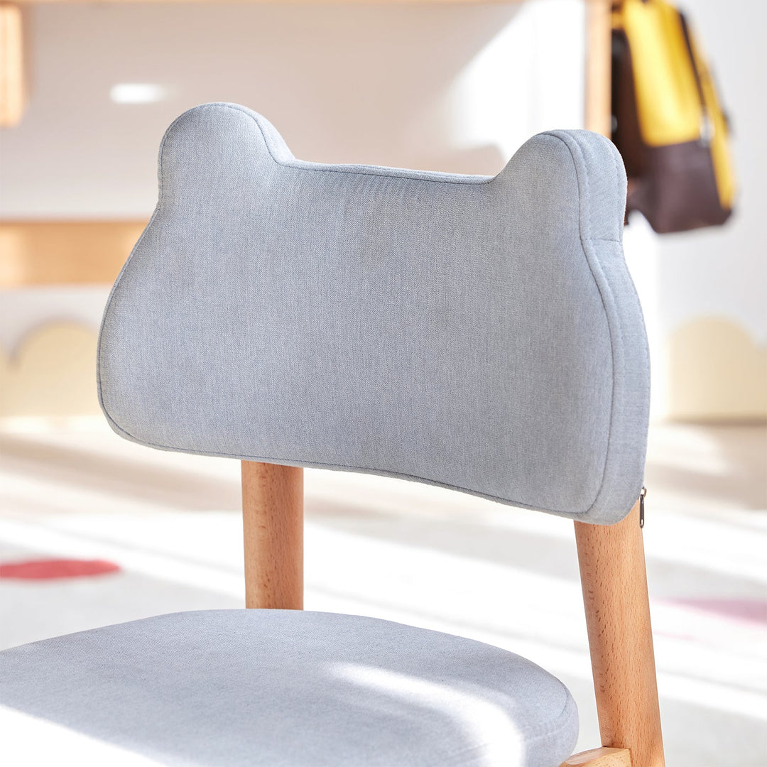 Scandinavian beech wood mixed weave fabric kids dining chair cat detail 4.