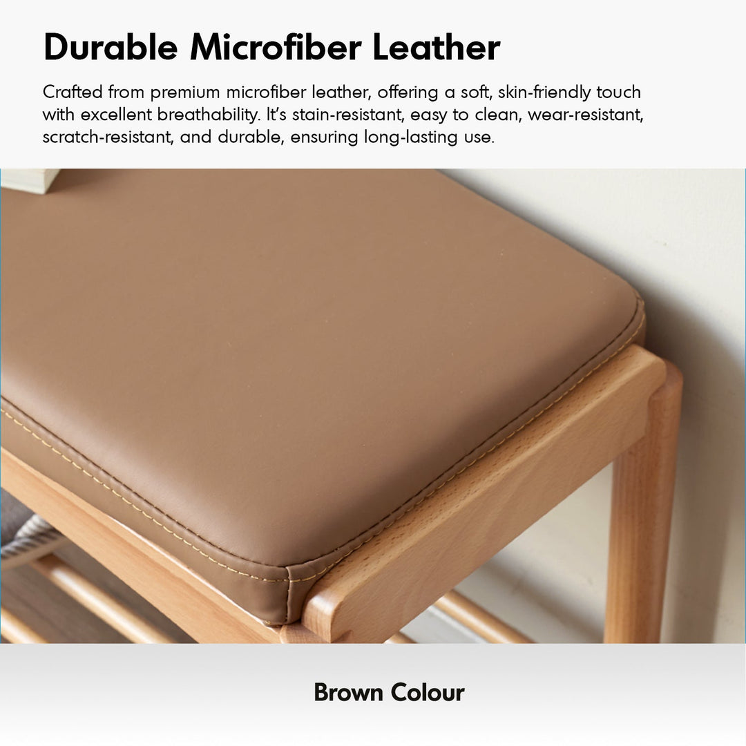 Scandinavian beech wood mixed weave fabric bench step in panoramic view.