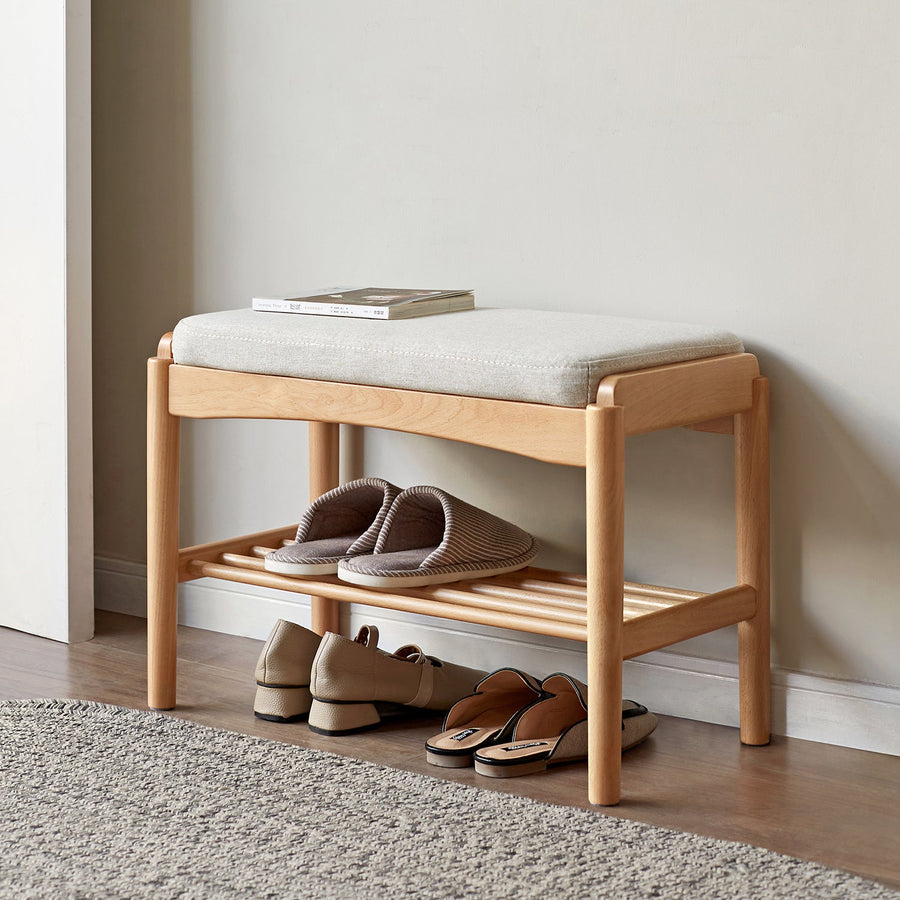 Scandinavian beech wood mixed weave fabric bench step primary product view.