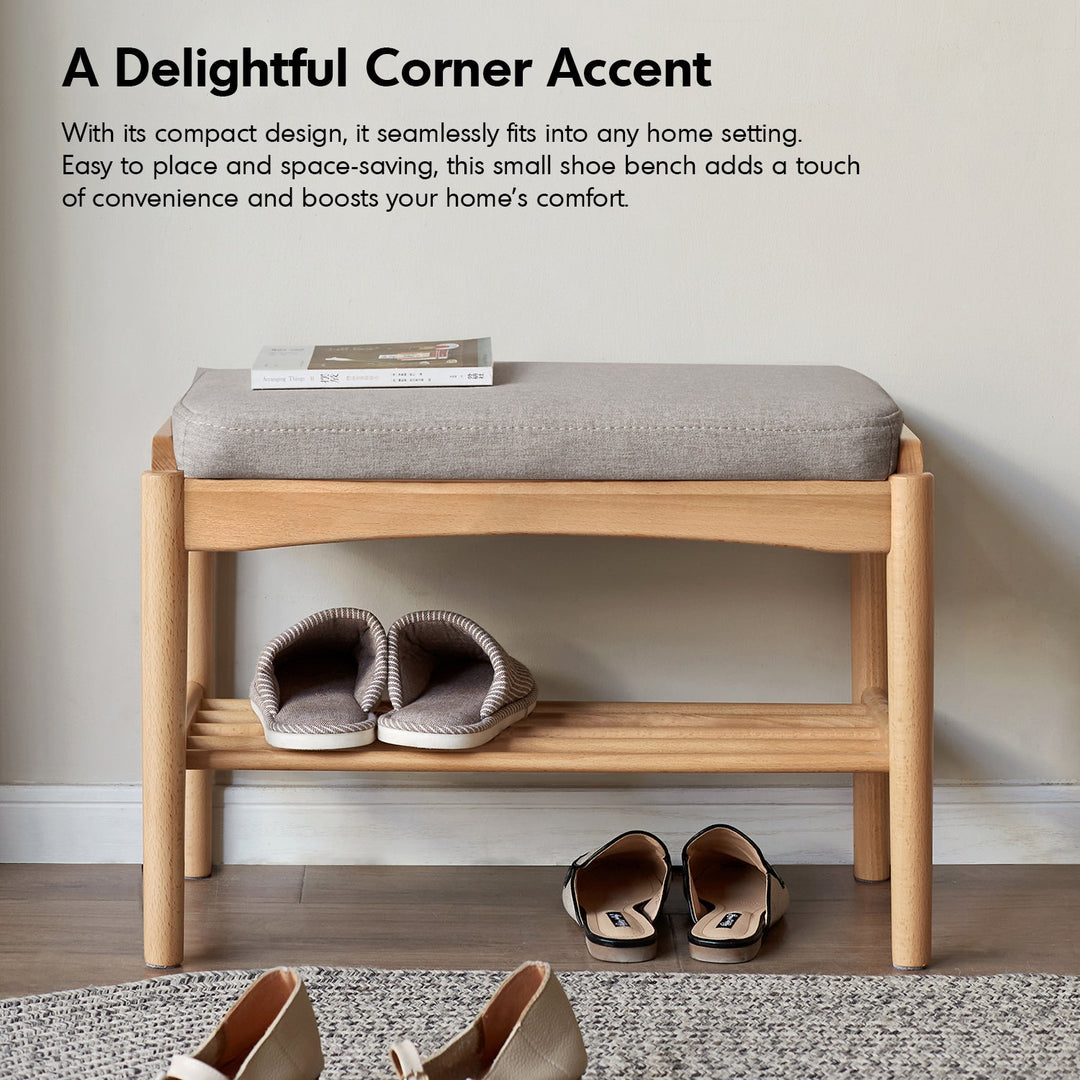 Scandinavian beech wood mixed weave fabric bench step with context.