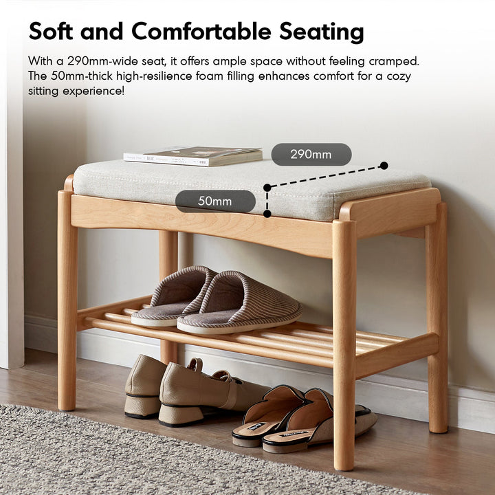 Scandinavian beech wood mixed weave fabric bench step in details.