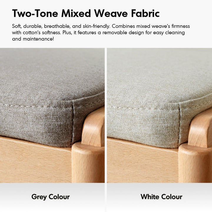 Scandinavian beech wood mixed weave fabric bench step in close up details.