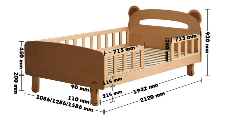 Scandinavian Beech Wood Safety Rails Kids Bed HUGSY Size Chart