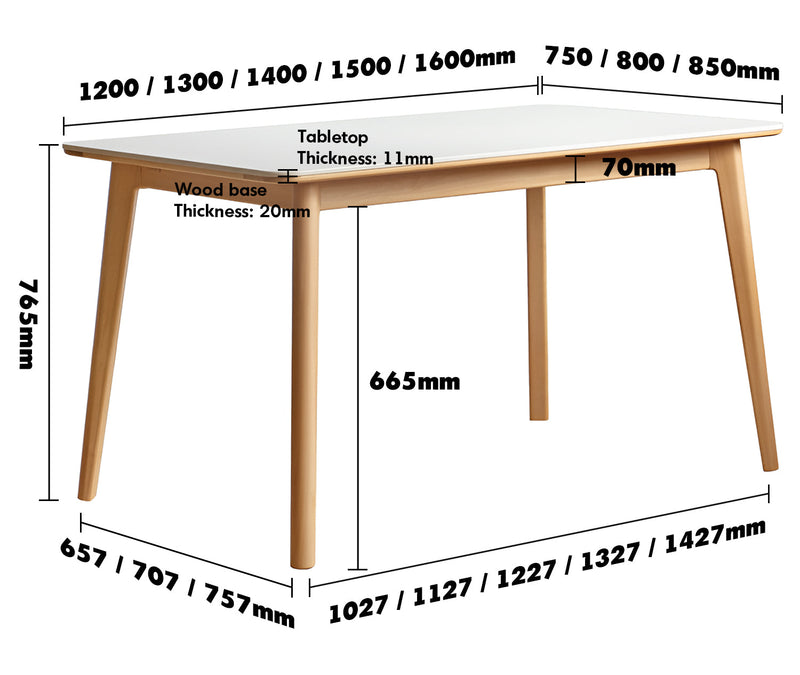 Scandinavian Beech Wood Sintered Stone Dining Table LUNA Size Chart