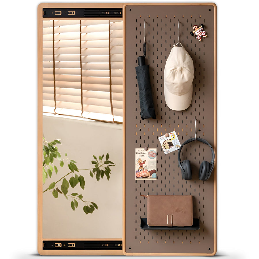 Scandinavian Beech Wood Wall Hanging Dressing Mirror With Pegboard Sliding Door PIVOLT