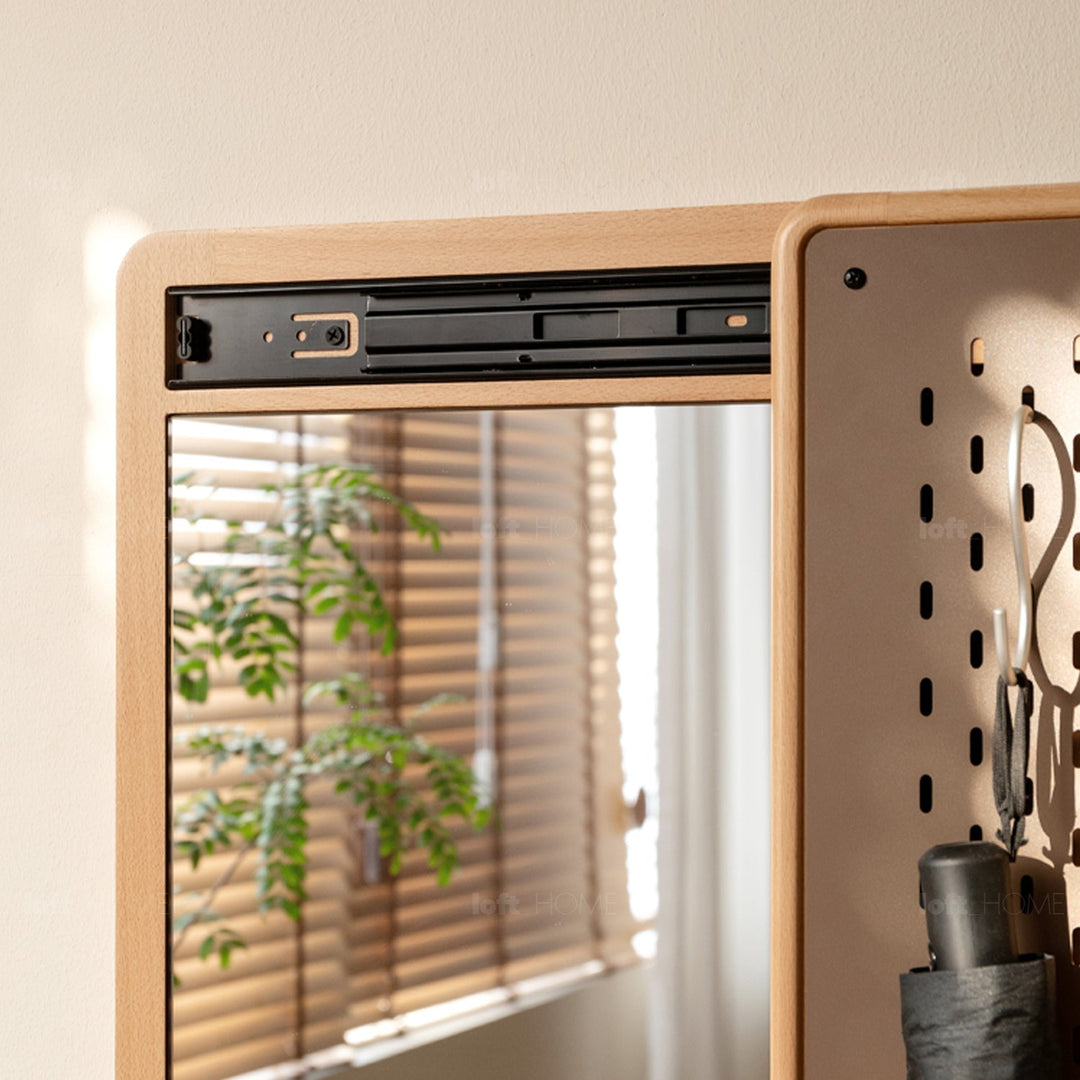 Scandinavian Beech Wood Wall Hanging Dressing Mirror With Pegboard Sliding Door PIVOLT