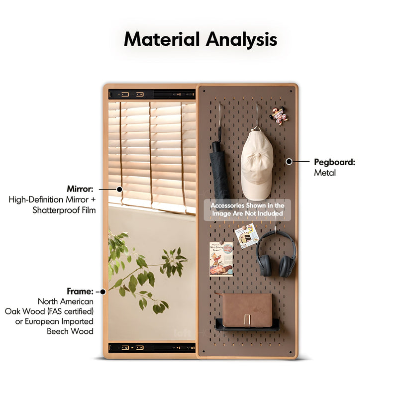 Scandinavian beech wood wall hanging dressing mirror with pegboard sliding door pivolt layered structure.