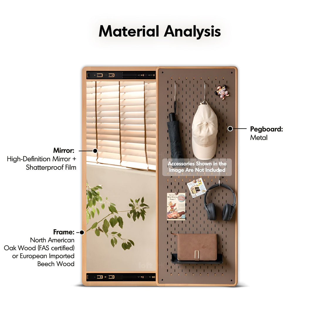 Scandinavian beech wood wall hanging dressing mirror with pegboard sliding door pivolt layered structure.