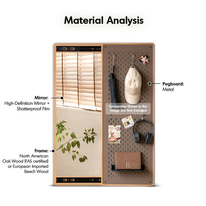 Scandinavian beech wood wall hanging dressing mirror with pegboard sliding door pivolt layered structure.