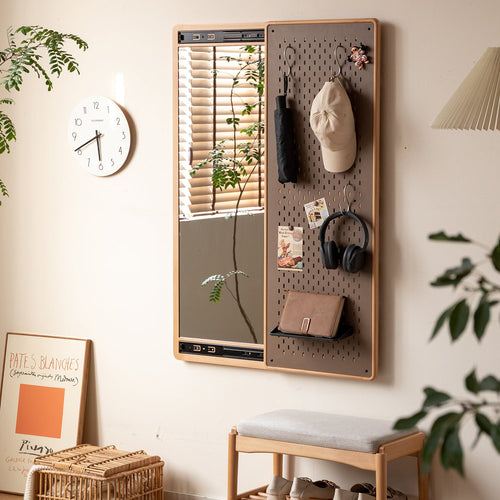 Scandinavian Beech Wood Wall Hanging Dressing Mirror With Pegboard Sliding Door PIVOLT Good to Know Preview-1