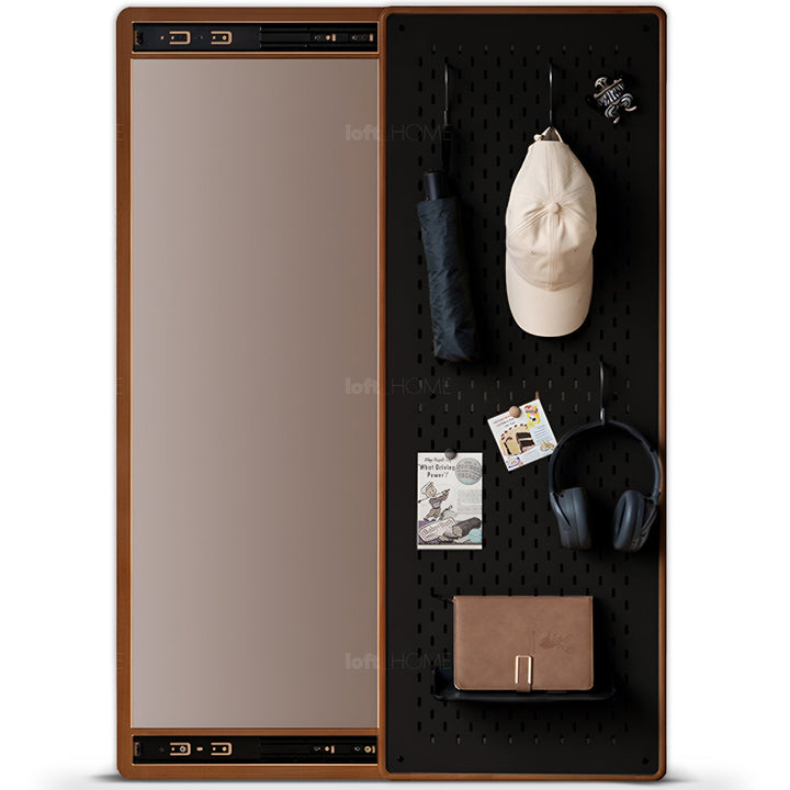 Scandinavian beech wood wall hanging dressing mirror with pegboard sliding door pivolt detail 2.