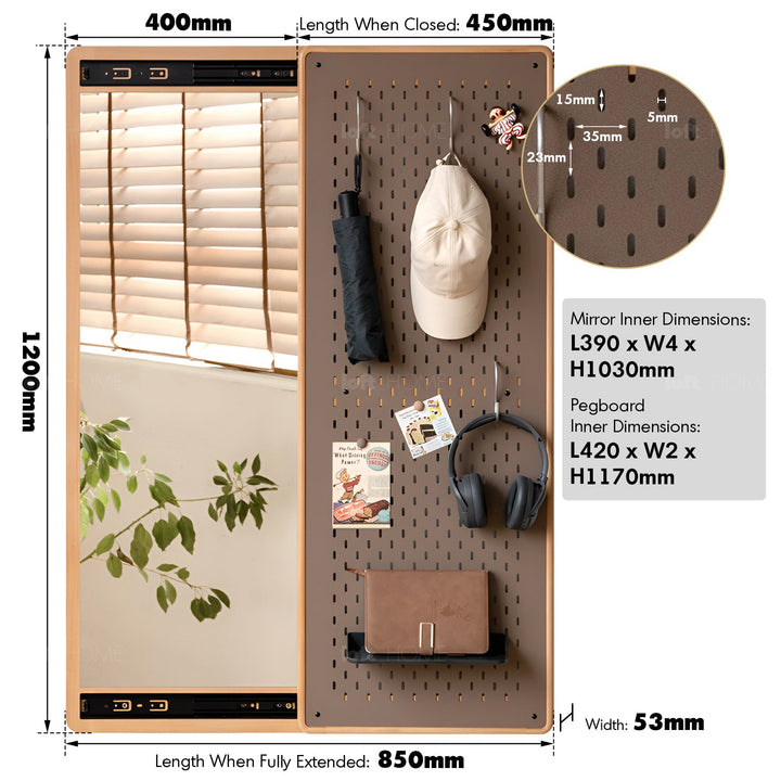 Scandinavian Beech Wood Wall Hanging Dressing Mirror With Pegboard Sliding Door PIVOLT