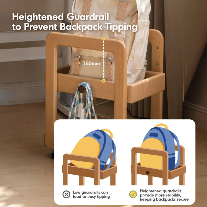 Scandinavian beech wood wheeled trolley side table vera in panoramic view.