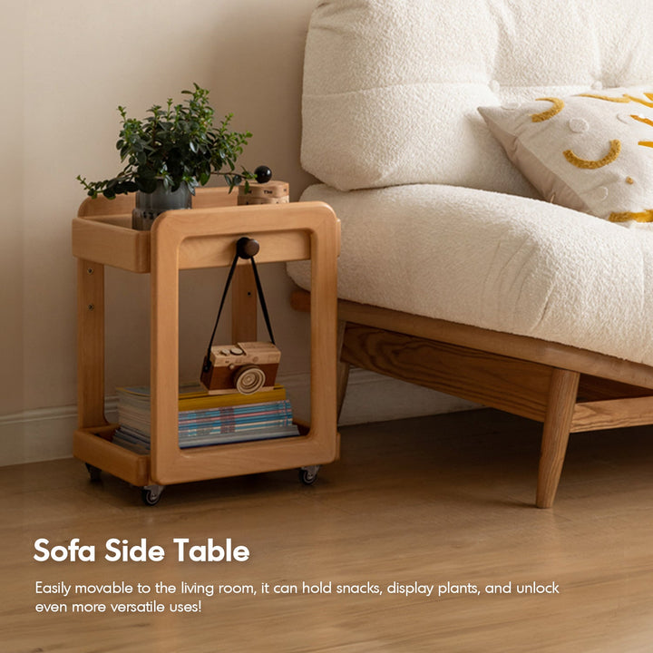Scandinavian beech wood wheeled trolley side table vera layered structure.