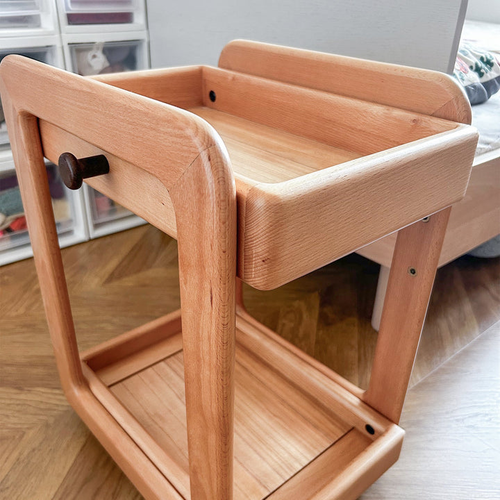 Scandinavian beech wood wheeled trolley side table vera detail 5.