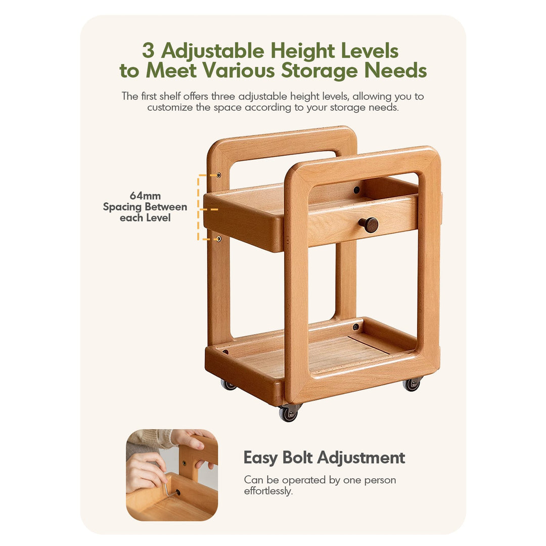 Scandinavian beech wood wheeled trolley side table vera material variants.