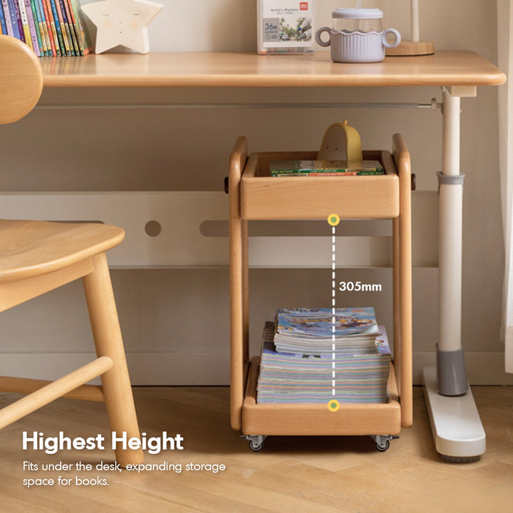 Scandinavian beech wood wheeled trolley side table vera in details.