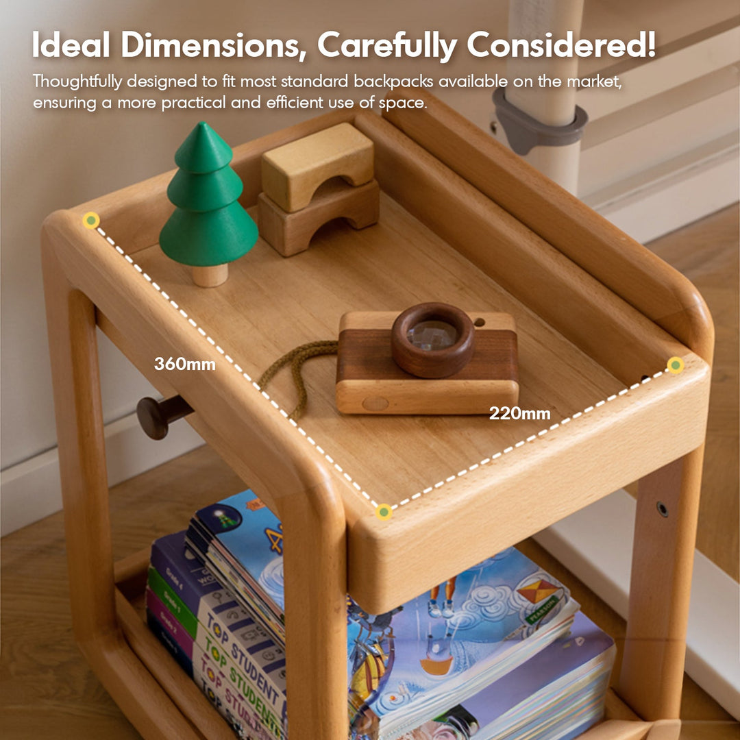 Scandinavian beech wood wheeled trolley side table vera in close up details.