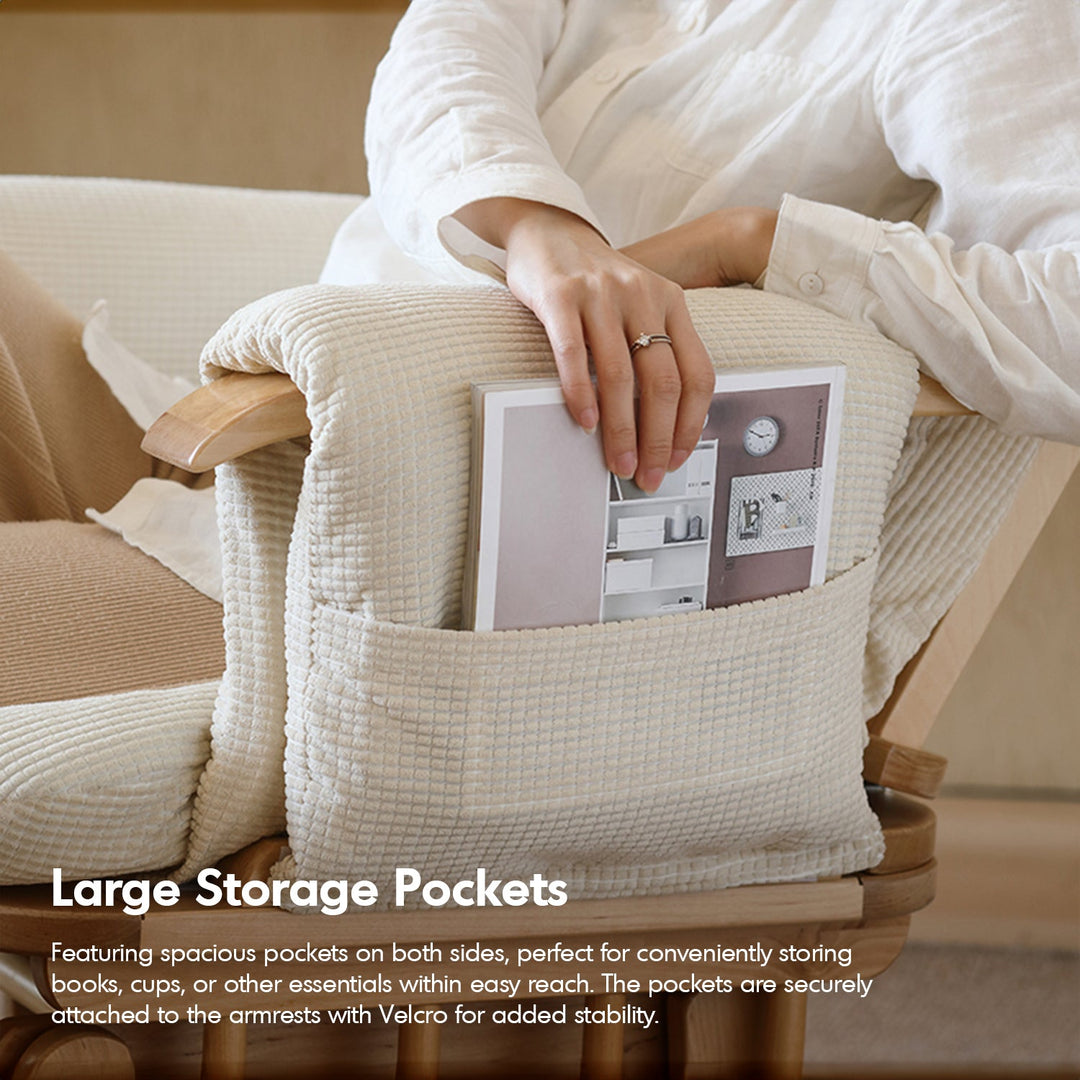 Scandinavian birch wood mixed weave fabric rocking chair with ottoman glide layered structure.