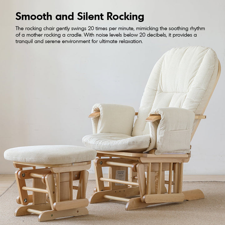 Scandinavian birch wood mixed weave fabric rocking chair with ottoman glide detail 4.