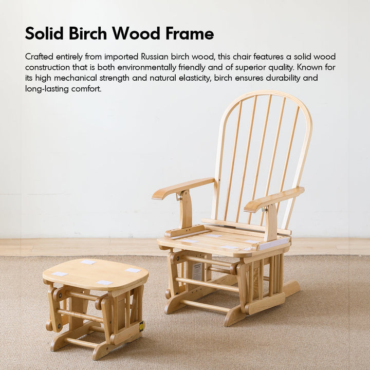 Scandinavian birch wood mixed weave fabric rocking chair with ottoman glide detail 6.